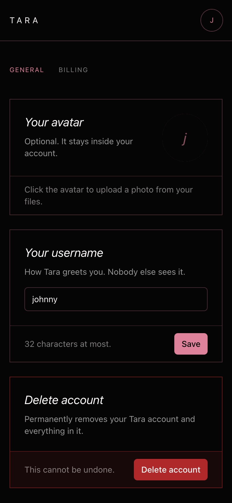 The settings screen